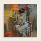 The looking glass colorful female portrait still life painting by Delphin Enjolras  Wood Wall Art Gallery Image 1