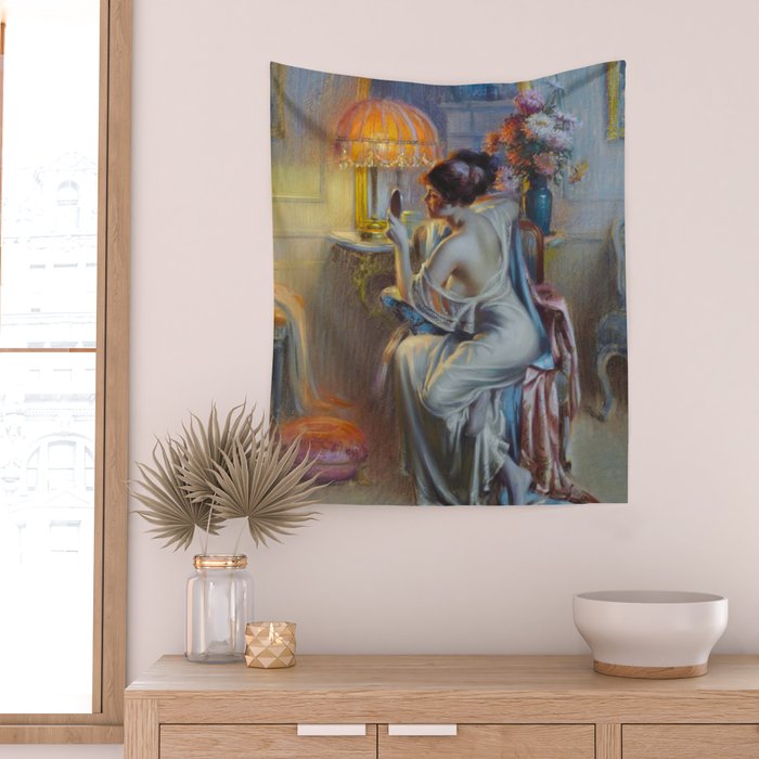 The looking glass colorful female portrait still life painting by Delphin Enjolras  Wall Tapestry Gallery Image 2