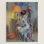 The looking glass colorful female portrait still life painting by Delphin Enjolras  Jigsaw Puzzle Gallery Image 1