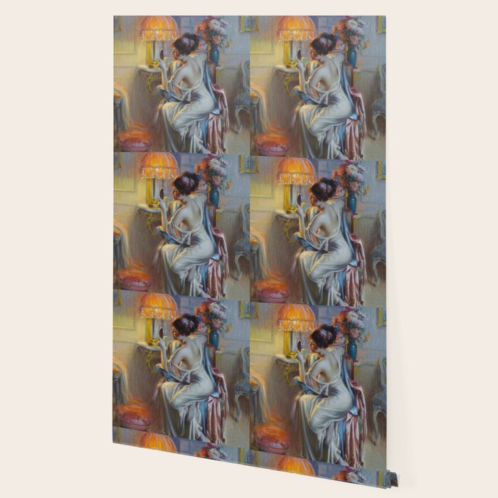 The looking glass colorful female portrait still life painting by Delphin Enjolras  Wallpaper Gallery Image 2