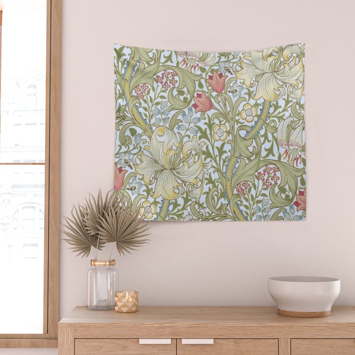William Morris Summer Blue Golden Lily Wall Tapestry Gallery Image 2