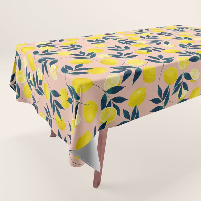 Lemon Goodness, Botanical Nature Forest Illustration, Bohemian Blush Colorful Painting Tablecloth Gallery Image 1