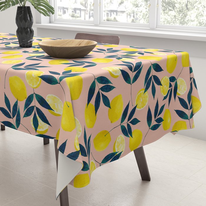 Lemon Goodness, Botanical Nature Forest Illustration, Bohemian Blush Colorful Painting Tablecloth Gallery Image 3