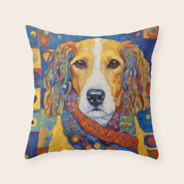 Gustav Klimt Style Dog with Colorful Scarf Throw Pillow Gallery Image 6