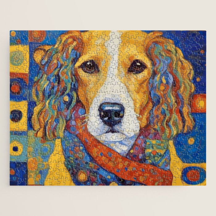 Gustav Klimt Style Dog with Colorful Scarf Jigsaw Puzzle Gallery Image 1