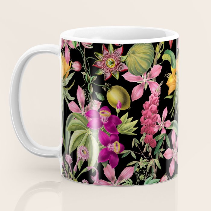 Tropical Bloom Serenade Exotic Floral Pattern Vintage Botanical Vibes Black Coffee Mug Gallery Image 3