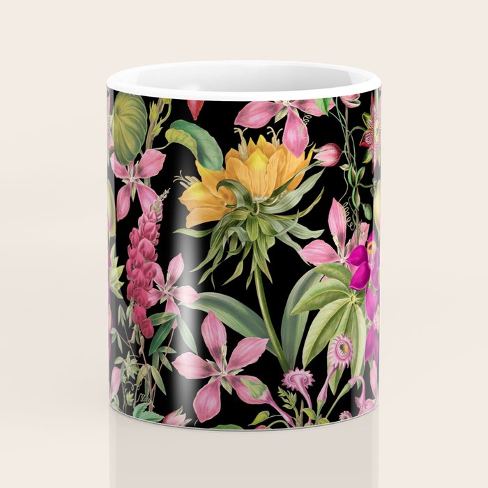 Tropical Bloom Serenade Exotic Floral Pattern Vintage Botanical Vibes Black Coffee Mug Gallery Image 4