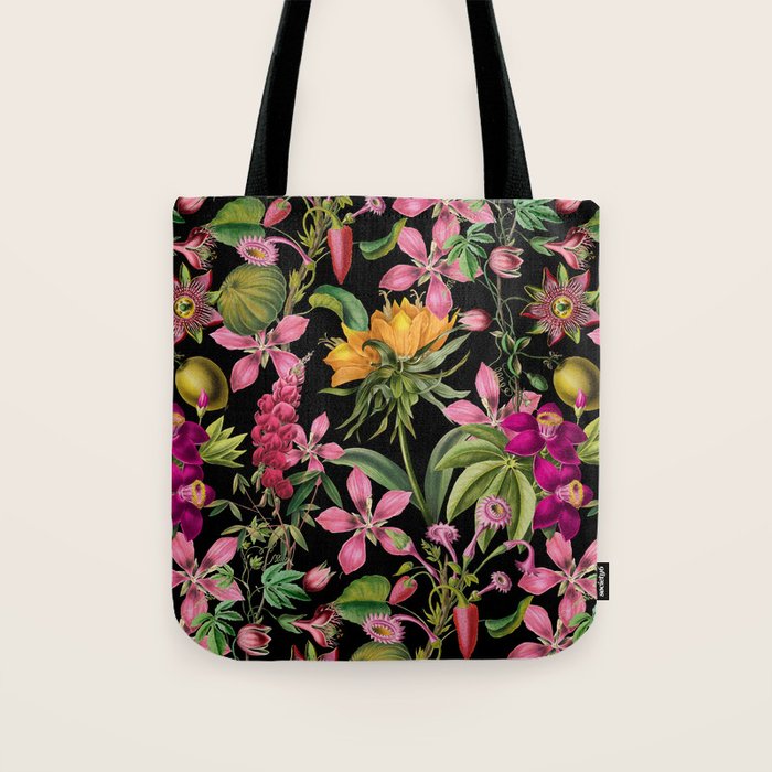 Tropical Bloom Serenade Exotic Floral Pattern Vintage Botanical Vibes Black Tote Bag Gallery Image 1