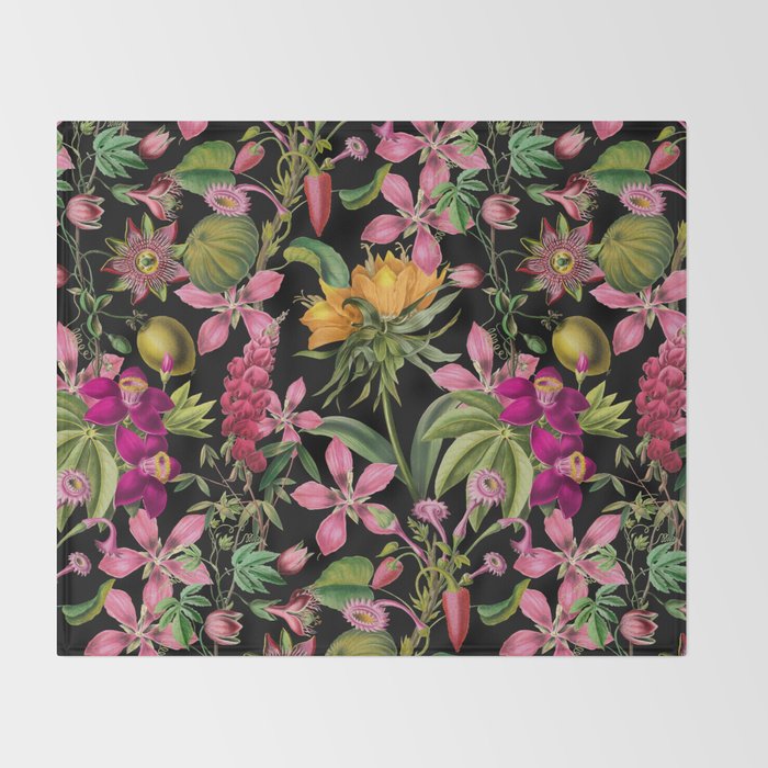 Tropical Bloom Serenade Exotic Floral Pattern Vintage Botanical Vibes Black Throw Blanket Gallery Image 2