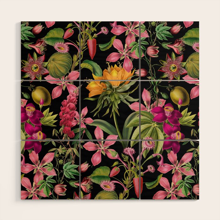 Tropical Bloom Serenade Exotic Floral Pattern Vintage Botanical Vibes Black Wood Wall Art Gallery Image 1