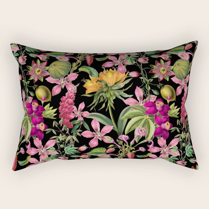 Tropical Bloom Serenade Exotic Floral Pattern Vintage Botanical Vibes Black Rectangular Pillow Gallery Image 2
