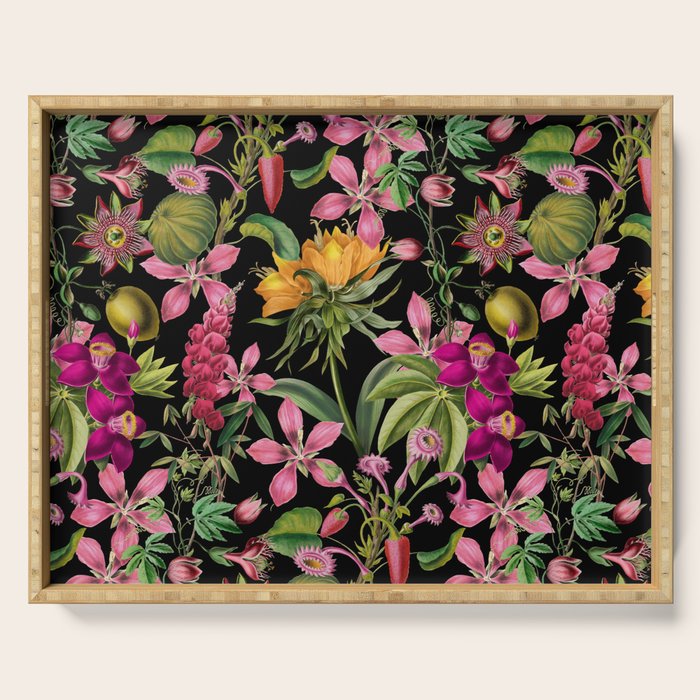Tropical Bloom Serenade Exotic Floral Pattern Vintage Botanical Vibes Black Serving Tray Gallery Image 1