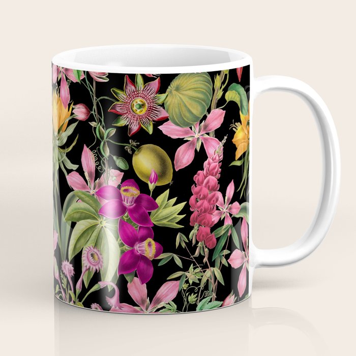 Tropical Bloom Serenade Exotic Floral Pattern Vintage Botanical Vibes Black Coffee Mug Gallery Image 1