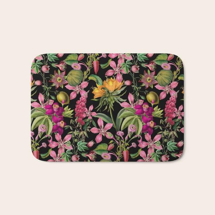 Tropical Bloom Serenade Exotic Floral Pattern Vintage Botanical Vibes Black Bath Mat Gallery Image 1