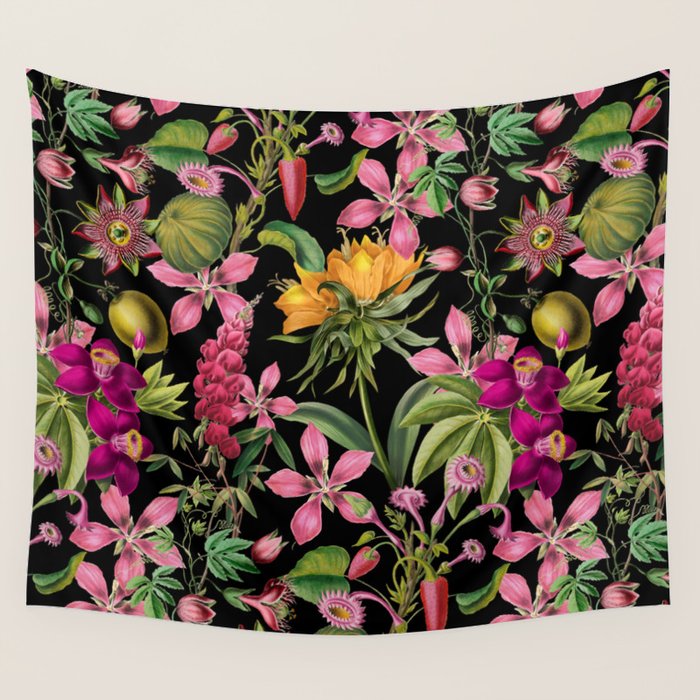 Tropical Bloom Serenade Exotic Floral Pattern Vintage Botanical Vibes Black Wall Tapestry Gallery Image 1
