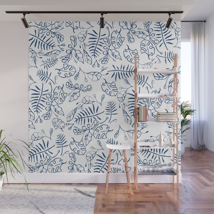 Tropical Plant Boho Chinoiserie Blue and White Wall Mural Gallery Image 1