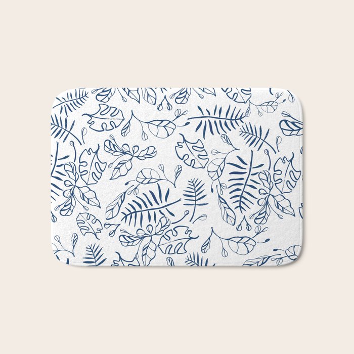 Tropical Plant Boho Chinoiserie Blue and White Bath Mat Gallery Image 1