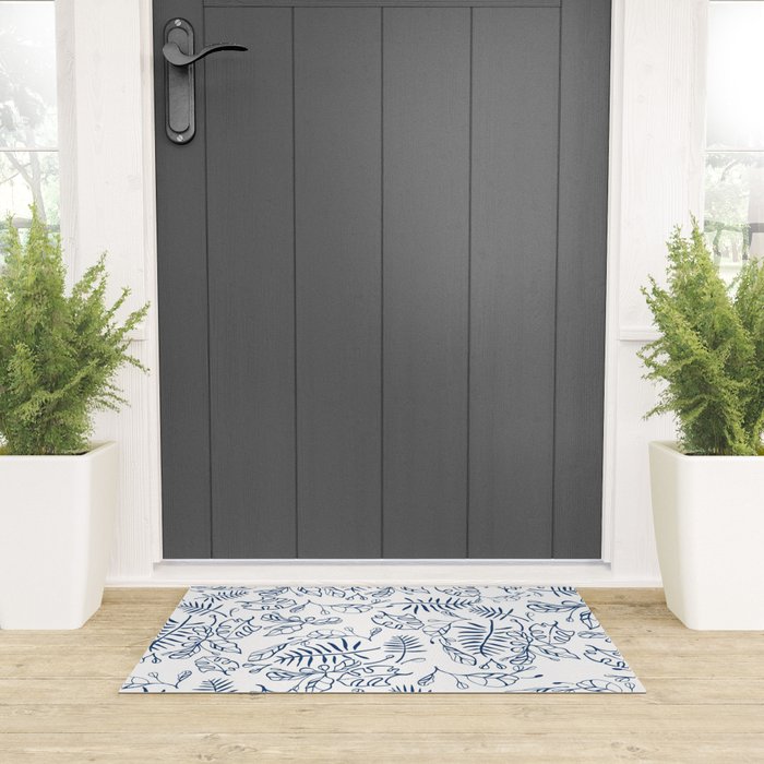 Tropical Plant Boho Chinoiserie Blue and White Welcome Mat Gallery Image 3