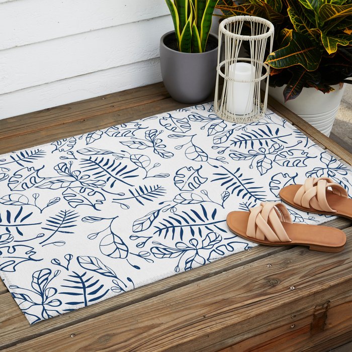 Tropical Plant Boho Chinoiserie Blue and White Outdoor Rug Gallery Image 2