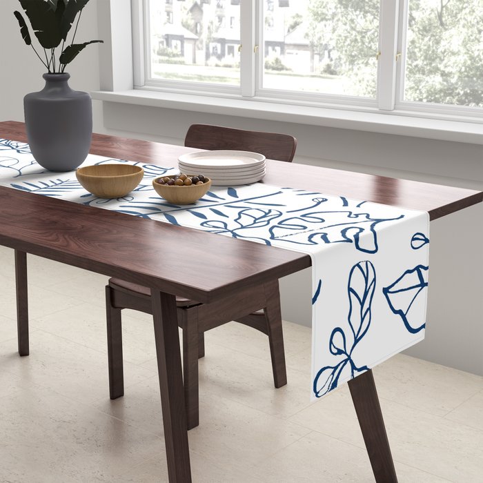 Tropical Plant Boho Chinoiserie Blue and White Table Runner Gallery Image 2