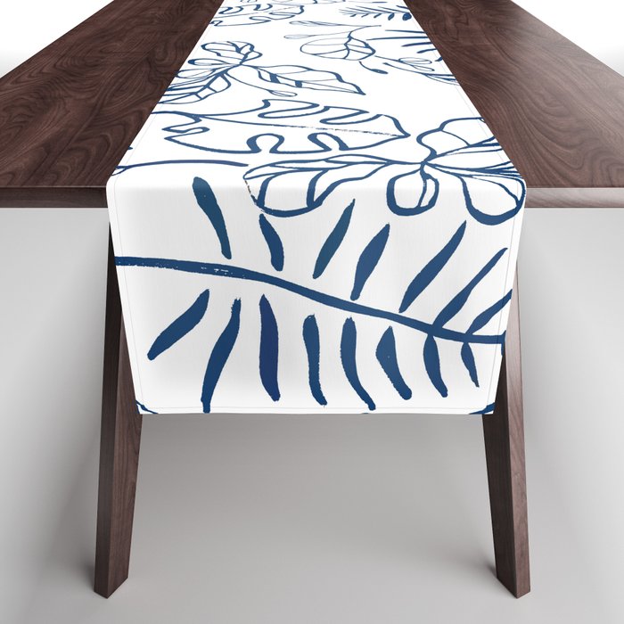 Tropical Plant Boho Chinoiserie Blue and White Table Runner Gallery Image 1