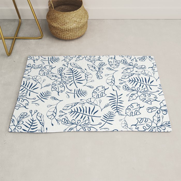 Tropical Plant Boho Chinoiserie Blue and White Rug Gallery Image 1
