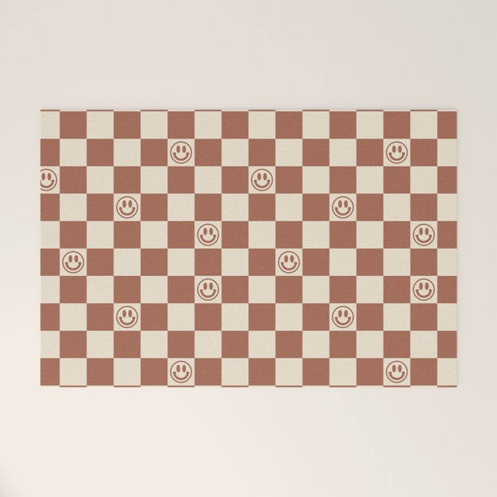Smiley Face & Checkerboard (Milk Chocolate Colors) Welcome Mat Gallery Image 1