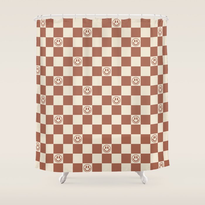 Smiley Face & Checkerboard (Milk Chocolate Colors) Shower Curtain Gallery Image 1