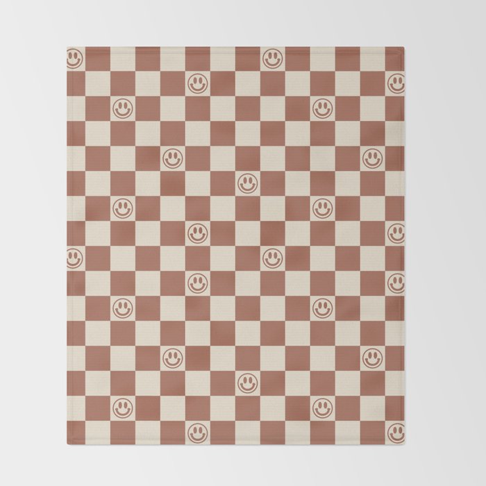 Smiley Face & Checkerboard (Milk Chocolate Colors) Throw Blanket Gallery Image 2