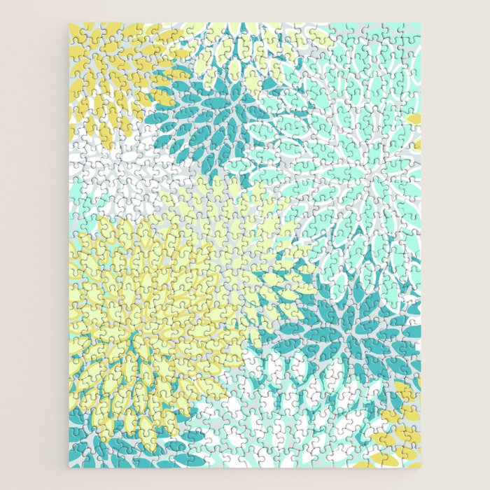 Floral Prints, Teal, Turquoise and Yellow Jigsaw Puzzle Gallery Image 1