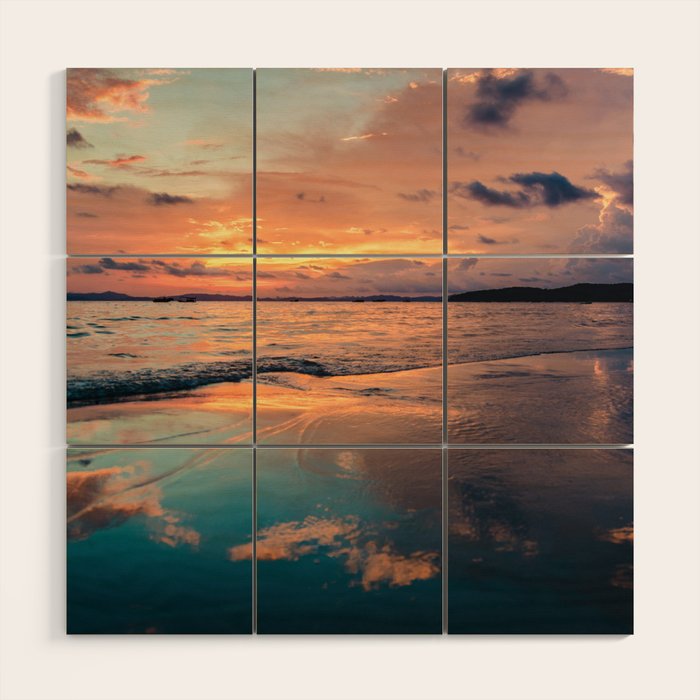 Beautiful Summer Beach Sunset Reflection Wood Wall Art Gallery Image 1