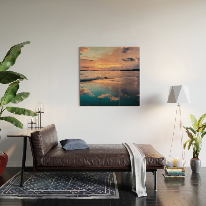 Beautiful Summer Beach Sunset Reflection Wood Wall Art Gallery Image 2