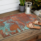 Tarnished Metal Copper Aqua Texture - Natural Marbling Industrial Art  Outdoor Rug Gallery Image 2