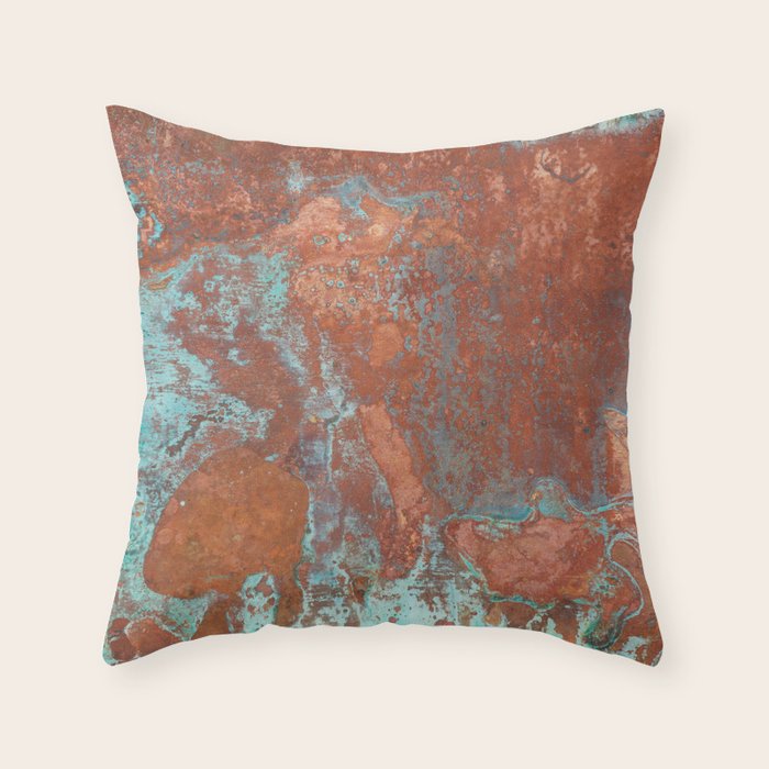 Tarnished Metal Copper Aqua Texture - Natural Marbling Industrial Art  Throw Pillow Gallery Image 6