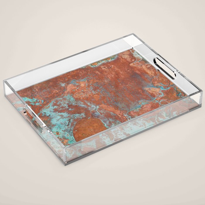 Tarnished Metal Copper Aqua Texture - Natural Marbling Industrial Art  Acrylic Tray Gallery Image 1