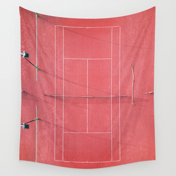 Pink tennis court at sunrise | Colorful drone aerial photography art | sports field print Wall Tapestry Gallery Image 1