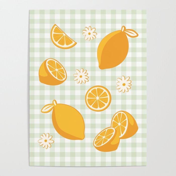 Lemons on Pastel Sage Green Gingham Poster Gallery Image 4