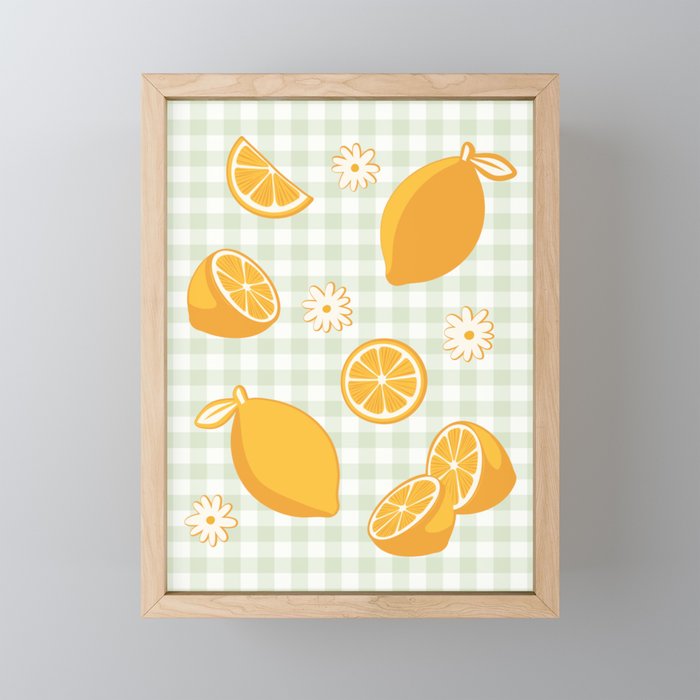 Lemons on Pastel Sage Green Gingham Mini Art Print Gallery Image 1
