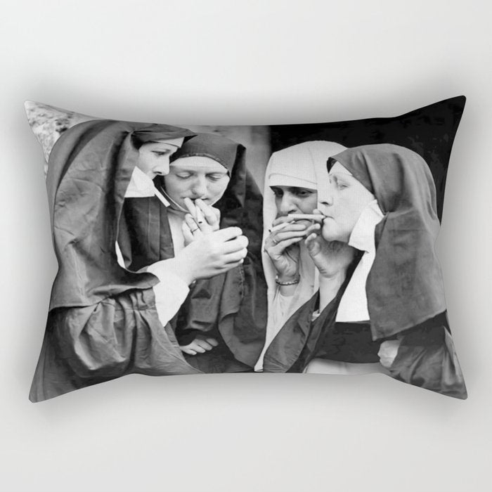 Nuns smoking black and white photograph - photography - photographs portrait for home and wall decor Rectangular Pillow Gallery Image 2