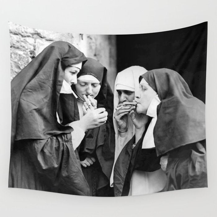 Nuns smoking black and white photograph - photography - photographs portrait for home and wall decor Wall Tapestry Gallery Image 1