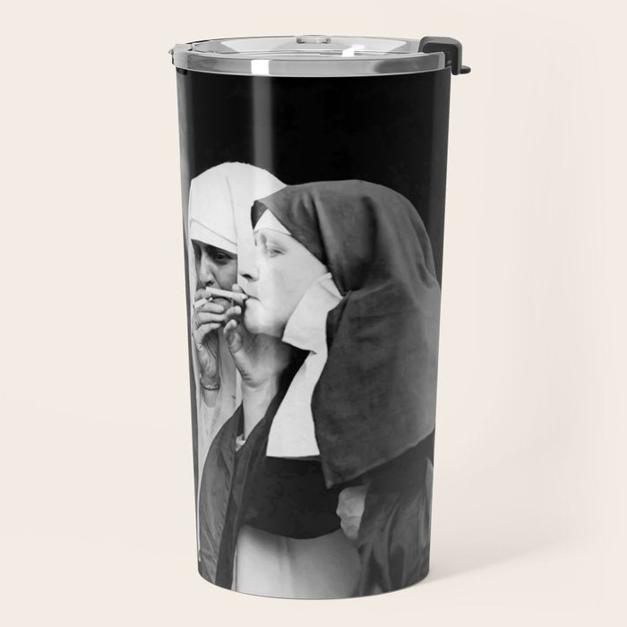 Nuns smoking black and white photograph - photography - photographs portrait for home and wall decor Travel Mug Gallery Image 2