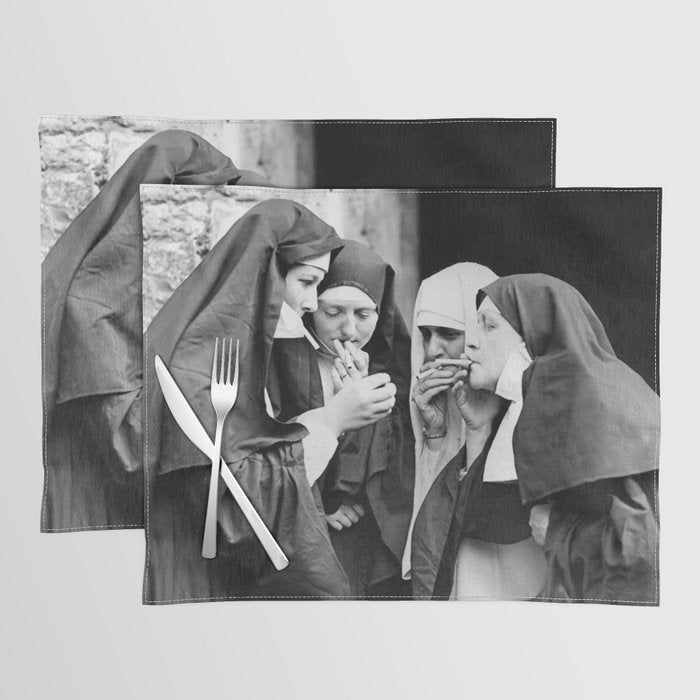 Nuns smoking black and white photograph - photography - photographs portrait for home and wall decor Placemat Gallery Image 1