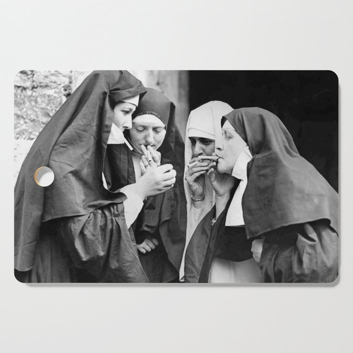 Nuns smoking black and white photograph - photography - photographs portrait for home and wall decor Cutting Board Gallery Image 1