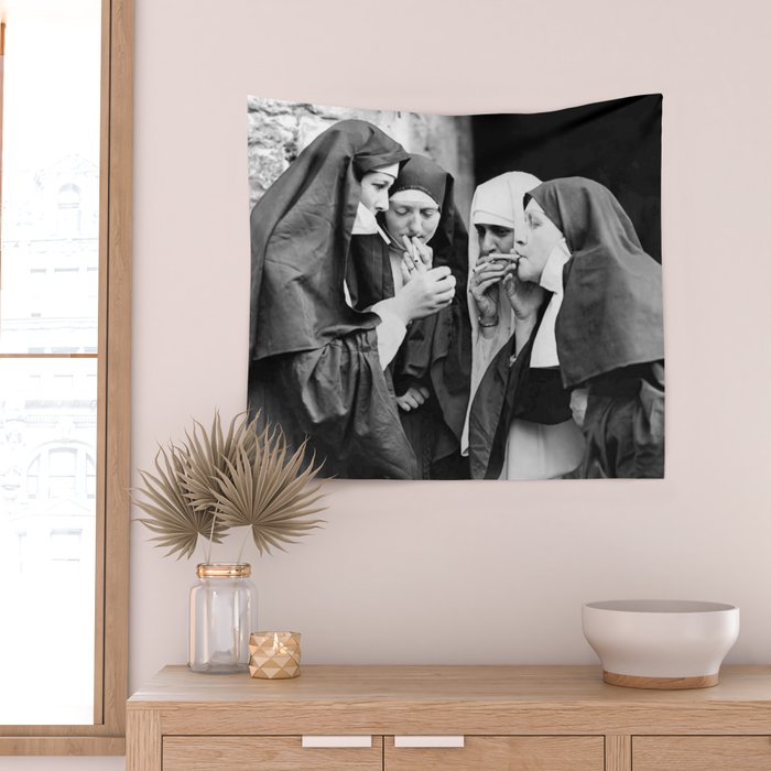Nuns smoking black and white photograph - photography - photographs portrait for home and wall decor Wall Tapestry Gallery Image 2