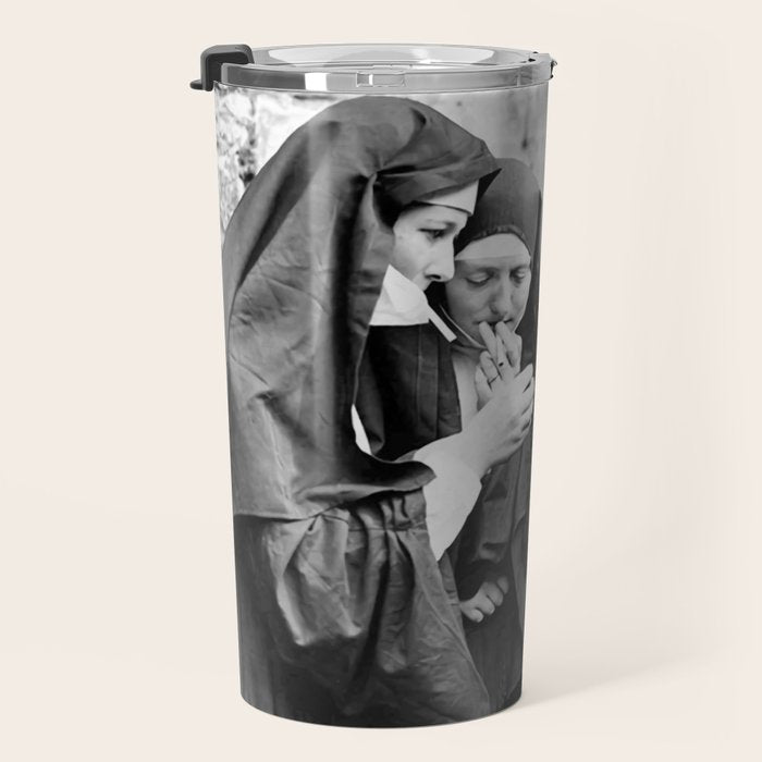 Nuns smoking black and white photograph - photography - photographs portrait for home and wall decor Travel Mug Gallery Image 3