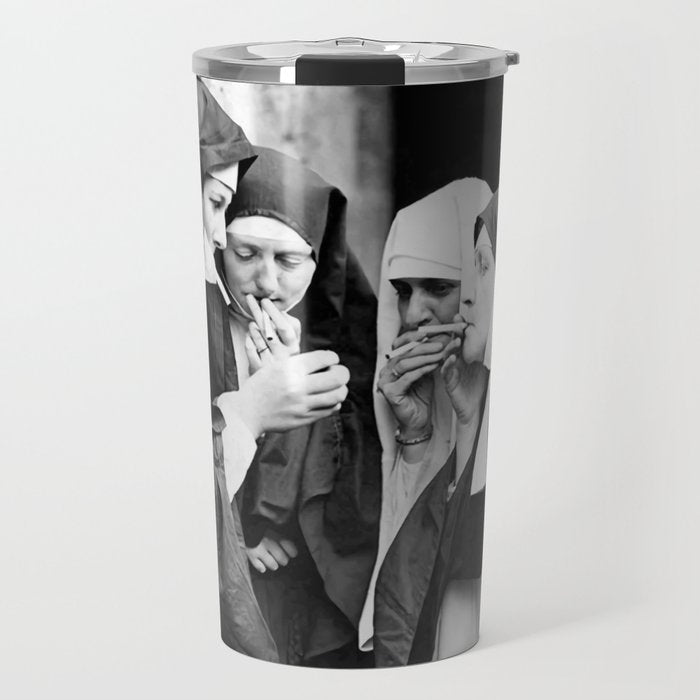Nuns smoking black and white photograph - photography - photographs portrait for home and wall decor Travel Mug Gallery Image 1