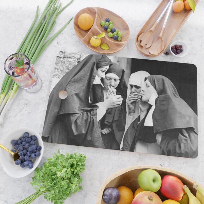 Nuns smoking black and white photograph - photography - photographs portrait for home and wall decor Cutting Board Gallery Image 2