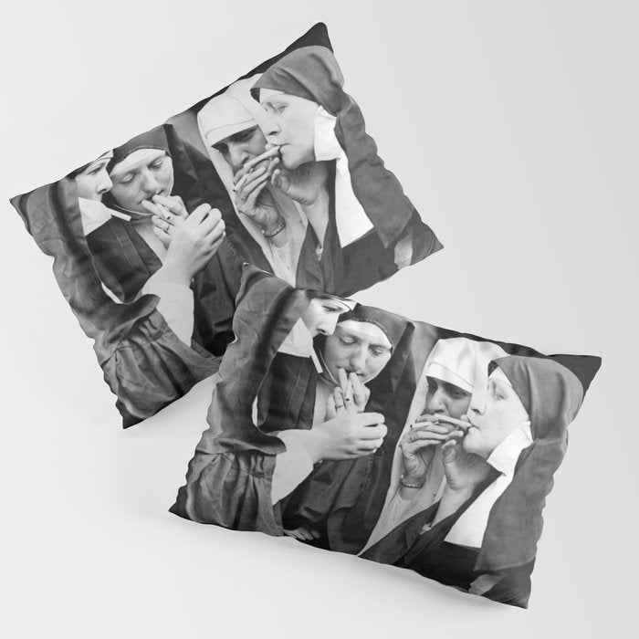 Nuns smoking black and white photograph - photography - photographs portrait for home and wall decor Pillow Sham Gallery Image 3