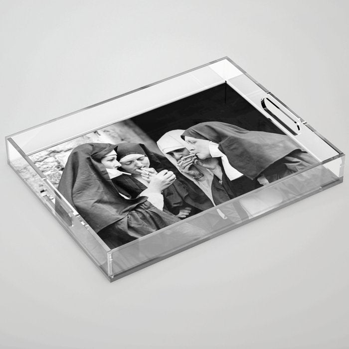 Nuns smoking black and white photograph - photography - photographs portrait for home and wall decor Acrylic Tray Gallery Image 1