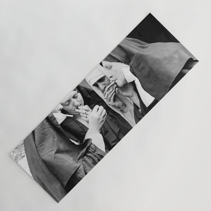 Nuns smoking black and white photograph - photography - photographs portrait for home and wall decor Yoga Mat Gallery Image 1